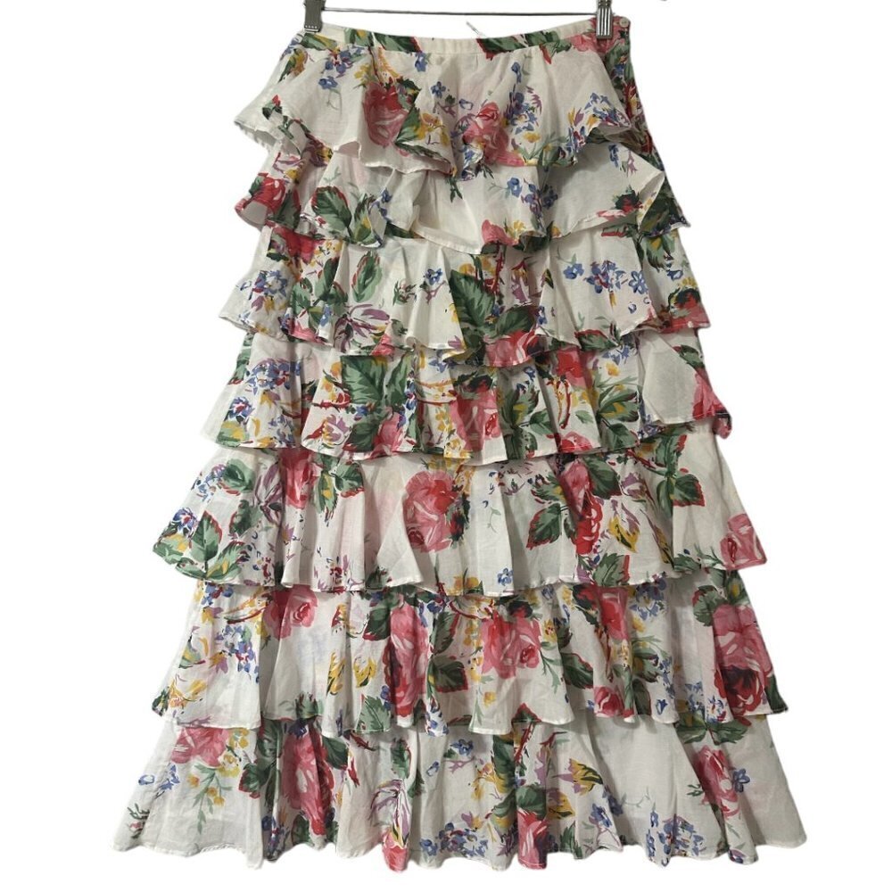 Alix‎ of Bohemia Tasha Rose Floral Ruffle Tiered Midi Skirt Small Cottagecore